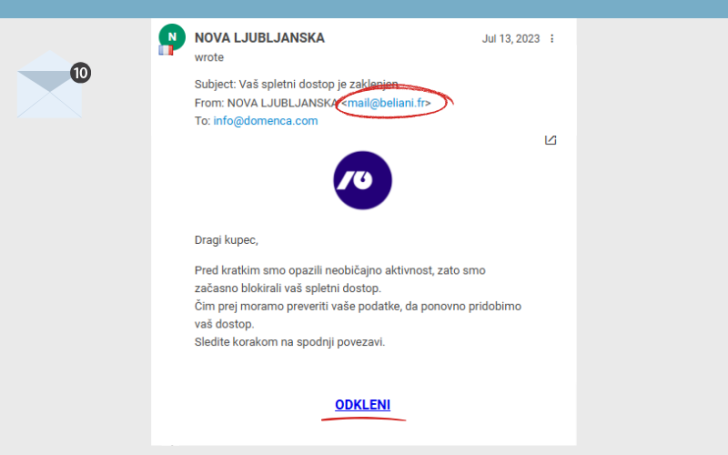 zalonski posnetek phishing sporočila - izdajajo se za banko NLB